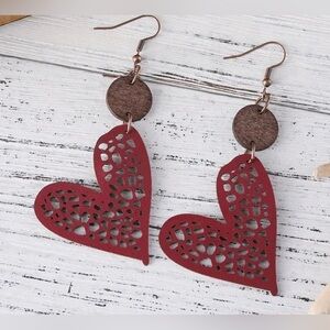 Heart Dangle Wood & Vegan Leather Earrings